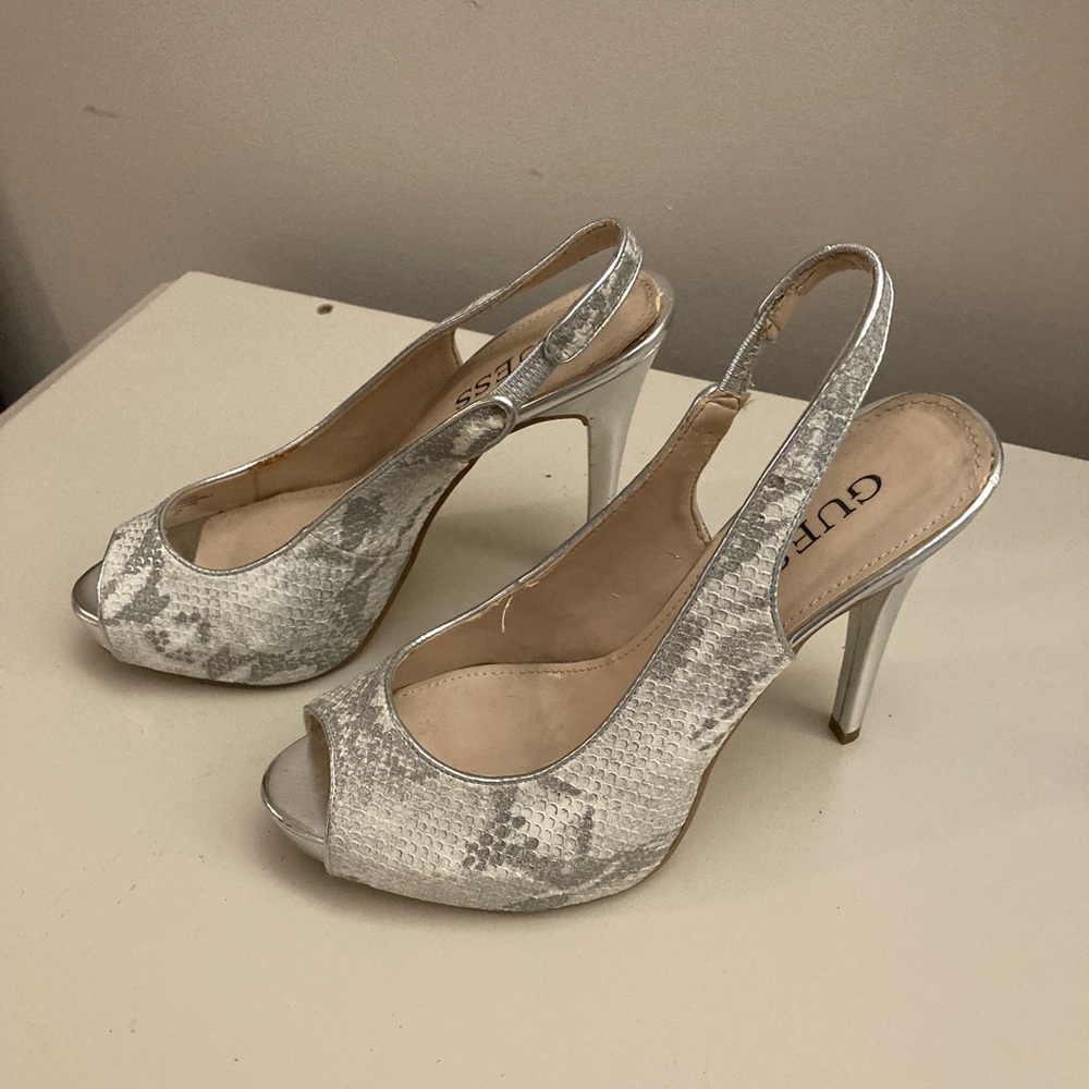 Guess Snakeskin Silver Slingback Heels